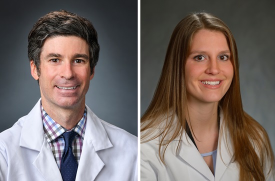Head shots of a male and female doctor wearing white lab coats